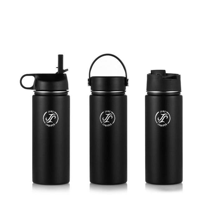 Insulated Water Bottle Stainless Steel-Double Wall Metal Water Bottle with Straw- BPA Free-3 Lids + 1 Straw (Black-532 ml/18 oz)