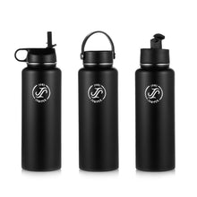 Load image into Gallery viewer, Insulated Water Bottle Stainless Steel-Double Wall Metal Water Bottle with Straw- BPA Free-3 Lids + 1 Straw (Black-1180 ml/40 oz)