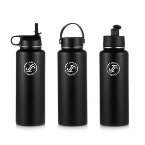 Insulated Water Bottle Stainless Steel-Double Wall Metal Water Bottle with Straw- BPA Free-3 Lids + 1 Straw (Black-1180 ml/40 oz)