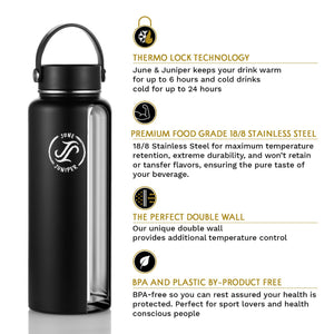 Insulated Water Bottle Stainless Steel-Double Wall Metal Water Bottle with Straw- BPA Free-3 Lids + 1 Straw (Black-1180 ml/40 oz)