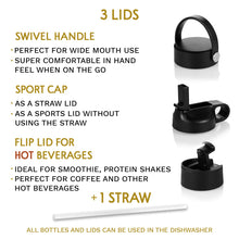 Load image into Gallery viewer, Insulated Water Bottle Stainless Steel-Double Wall Metal Water Bottle with Straw- BPA Free-3 Lids + 1 Straw (Black-1180 ml/40 oz)