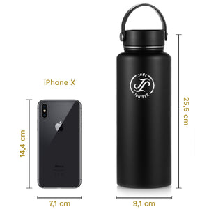 Insulated Water Bottle Stainless Steel-Double Wall Metal Water Bottle with Straw- BPA Free-3 Lids + 1 Straw (Black-1180 ml/40 oz)