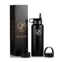 Load image into Gallery viewer, Insulated Water Bottle Stainless Steel-Double Wall Metal Water Bottle with Straw- BPA Free-3 Lids + 1 Straw (Black-1180 ml/40 oz)